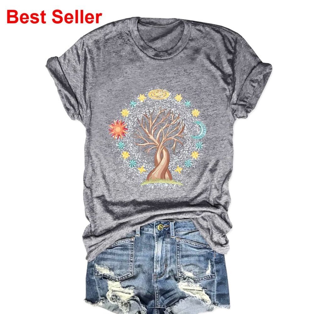 Vintage Boho Graphic Tee Short Sleeve Cotton Polyester Summer Top
